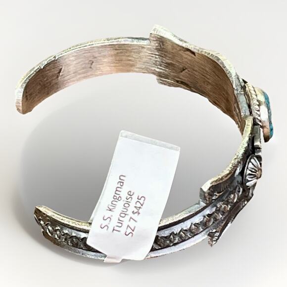 Native American NAVAJO Sterling Kingman Turquoise Cuff Bracelet by Kevin Billah - Picture 9 of 16